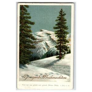 Vintage German Christmas Postcard Snowy Mountain Scene Gesegnete Weihnachten